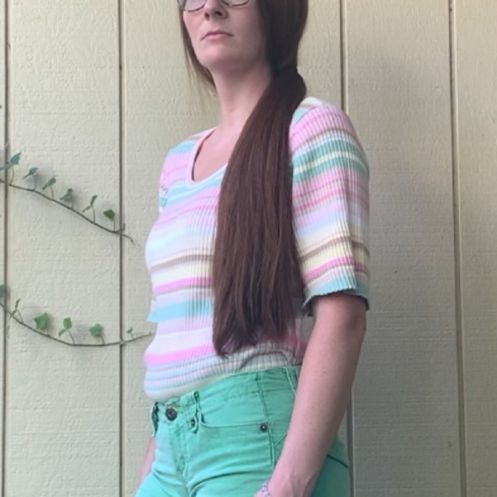 VINTAGE Liz Claiborne Sweater elbow sleeve Pastel Rainbow striped ribbed cotton - Picture 3 of 12